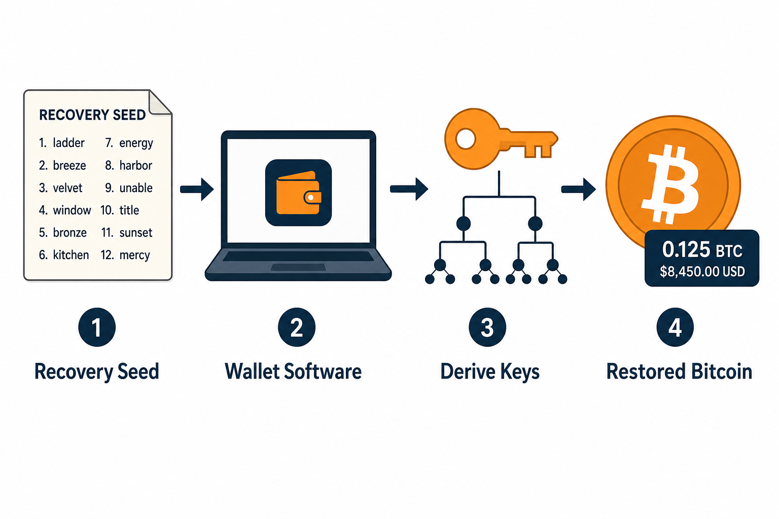 BIP39 seed phrase recovery flow for MultiBit HD: seed phrase to wallet software to restored Bitcoin