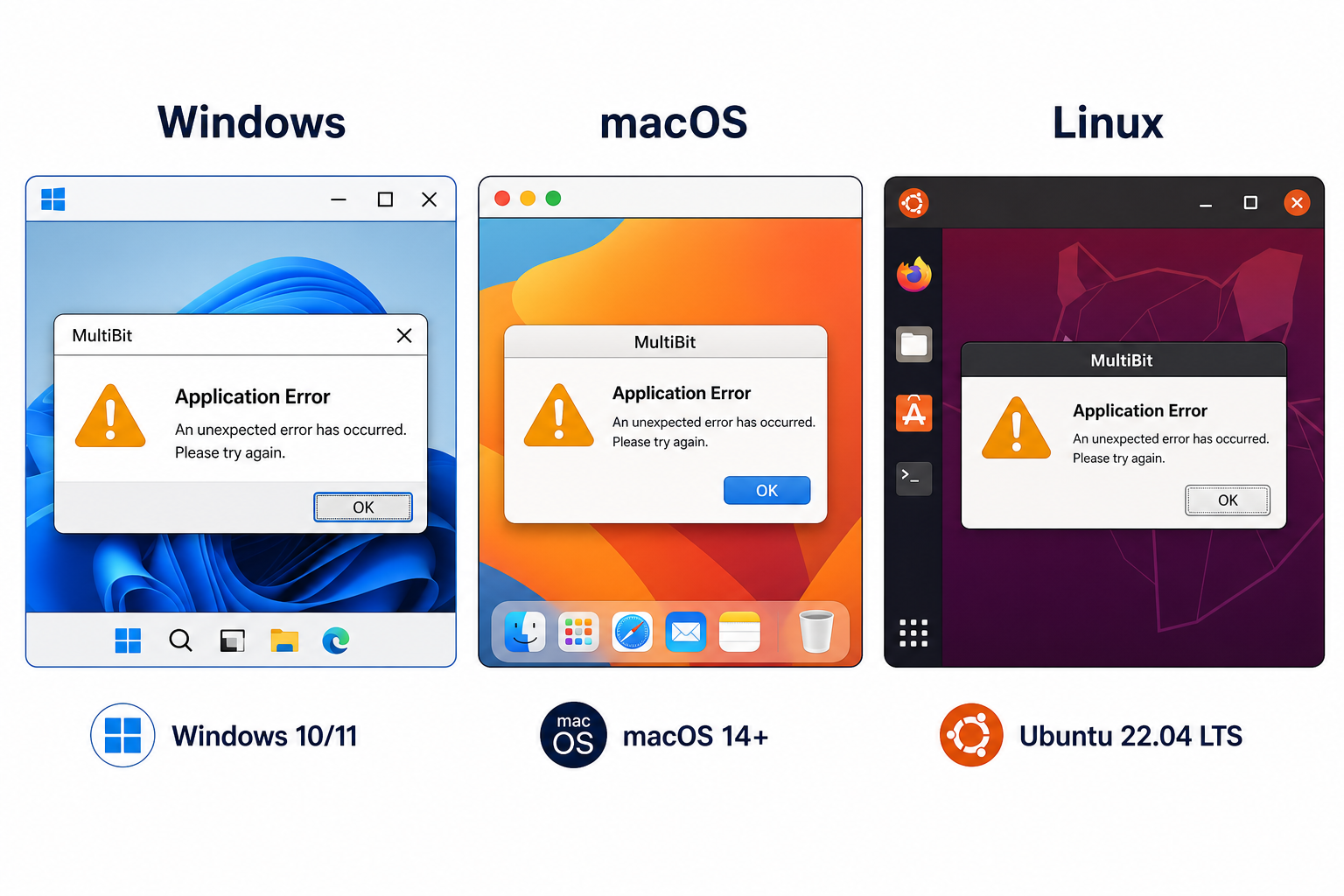 MultiBit Classic wallet not opening error dialog shown on Windows, macOS and Linux